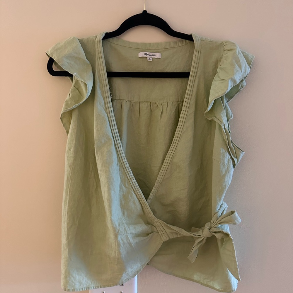 Madewell Linen Green Wrap Top